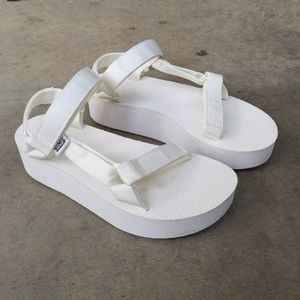 white teva platforms