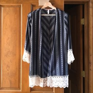 Kimono Jacket Blue Striped Lace Crochet Trim