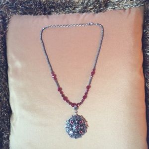 Garnet Red/Deep Pewter Medallion Necklace