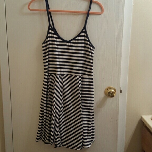 SO Navy Blue & White Striped Skater Dress Size L - Picture 1 of 4