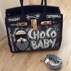 Inspired painted karlito black top handle bag