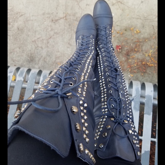 🌟🛍Navy Blue OTK Studded Flat Boots🌟 - Picture 3 of 4