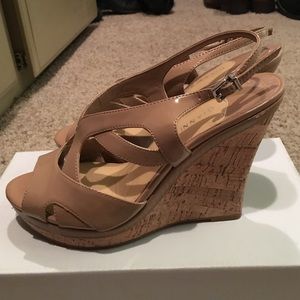Camel satin looking wedges