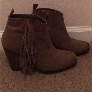 Fringe heel ankle booties
