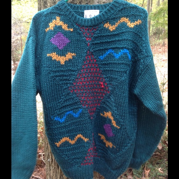 Vintage Sweaters - Vintage 80s/90s hand knit green sweater