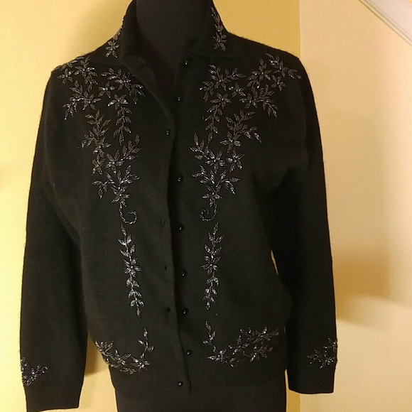 Vintage Lambswool Angora Beaded Black Cardigan
