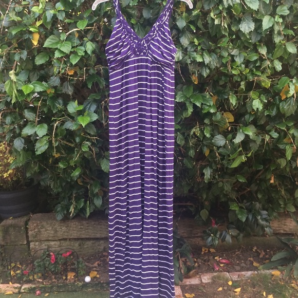 A navy blue and white stripped maxi dress