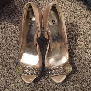 Taupe Satin Jeweled High Heels