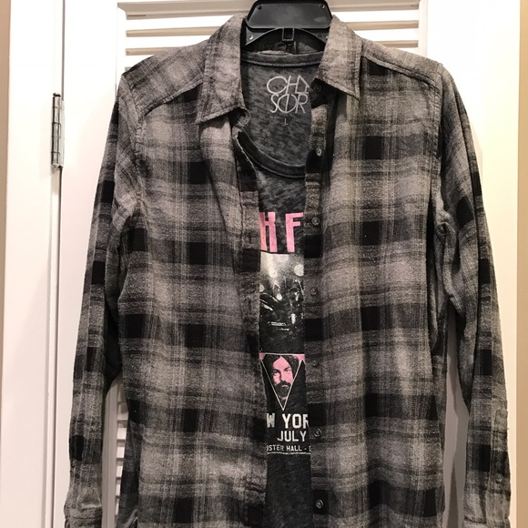 WILFRED FREE BLACK  /GREY BUTTON DOWN PLAID SHIRT