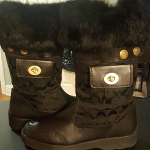 Authentic Coach Leather and Fur Monogrammed Boots