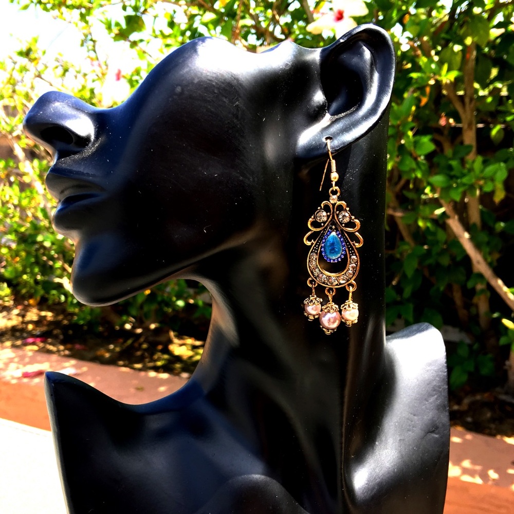 Crystal Vintage Water Gold Blue Dangle Earrings