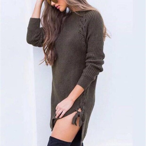 NEWSexy lace up style sweater tunic dress - Picture 3 of 7