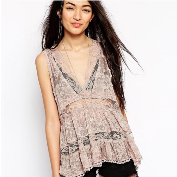 Intimately FREE PEOPLE Sheer Pink Lace Blouse