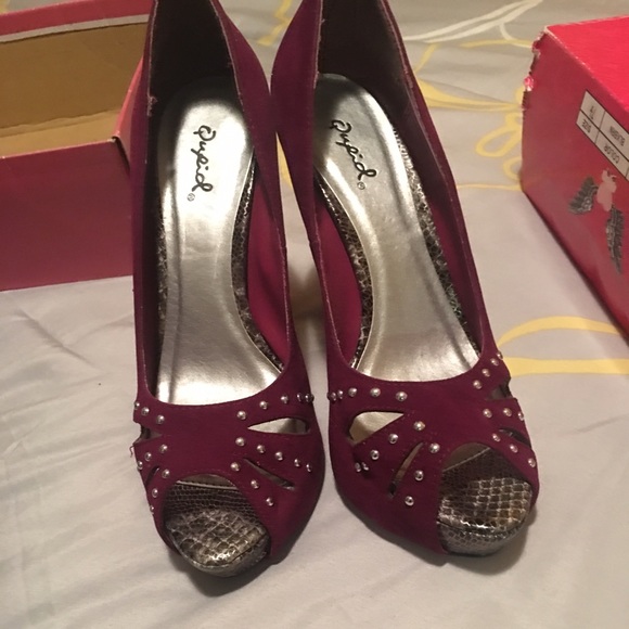 Burgundy Suede Peep Toe Heels - Picture 3 of 3