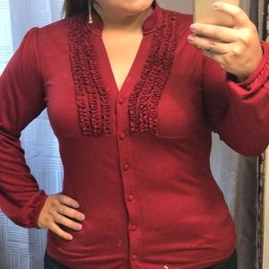 Ruffle Detail Maroon Long Sleeve Button Shirt