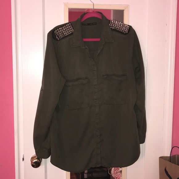 Zara Tops - Spiked Shoulder Twill Shirt