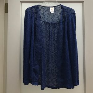 Blue somewhat sheer open cardigan with lace trim