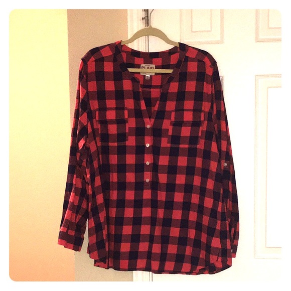 Coral and Navy Blue Plaid Top