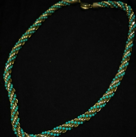 Gold tone twisted necklace with blue beads - Picture 1 of 1