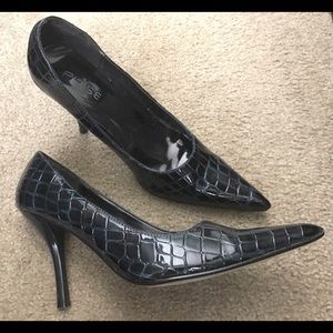Navy blue faux croc skin pumps