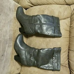 Grey strappy heeled boots