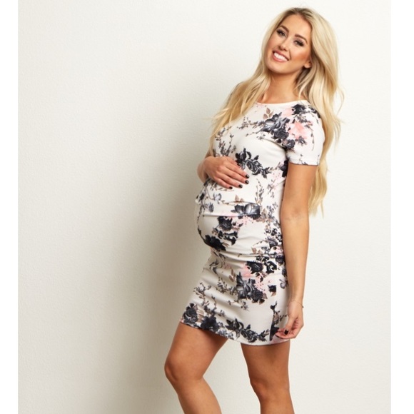 Maternity dress- white, pink, black floral