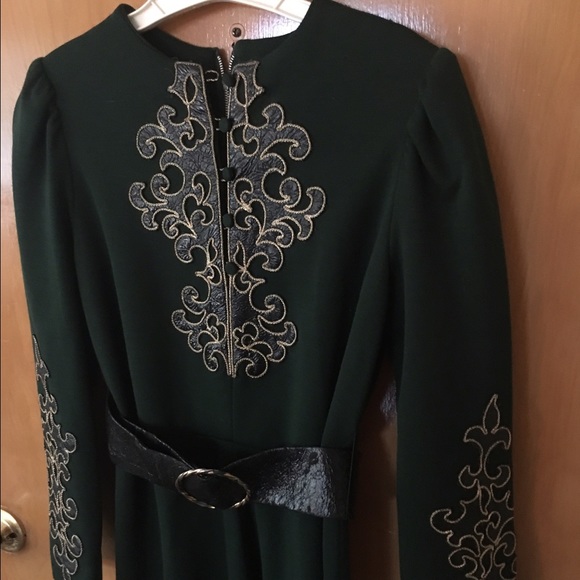 Vintage Wool Dress Forest Green 4/6 Embroidered