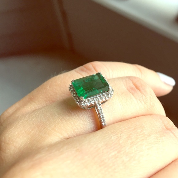 Sterling white sapphire halo emerald ring