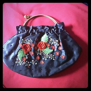 Black Satin Evening Bag w/ Embroidered Red Roses