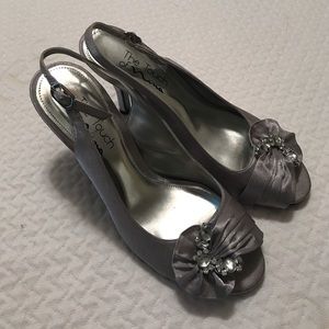 Silver gray satin sling back heels