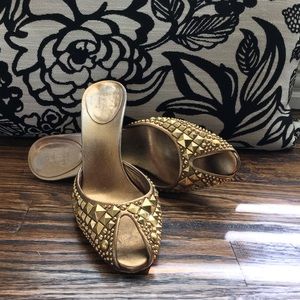 Gold studded Gucci peep toe Mule