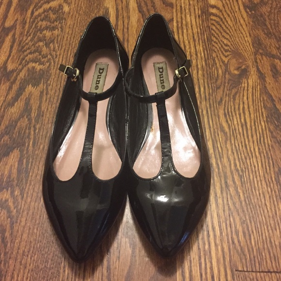 Dune London t-strap black shiny shoes