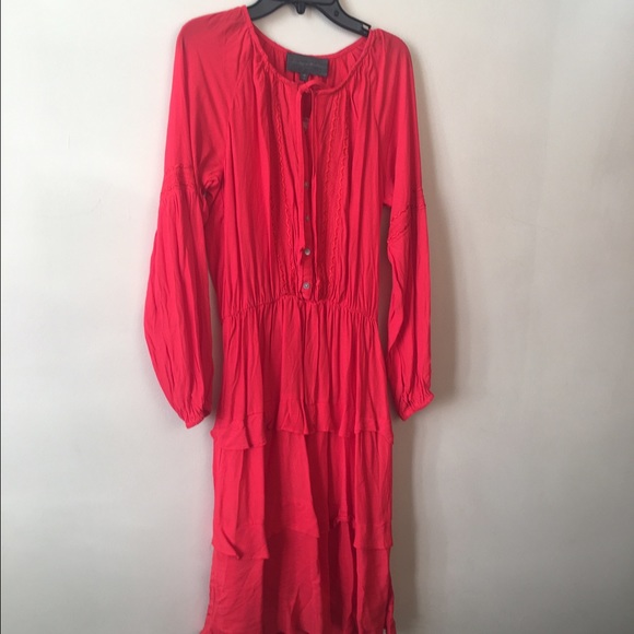 Red Embroidered Peasant Dress Size M Long Sleeve