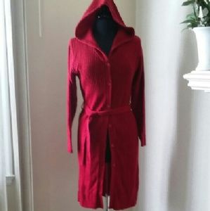 Deepest red long length, hooded sweater.