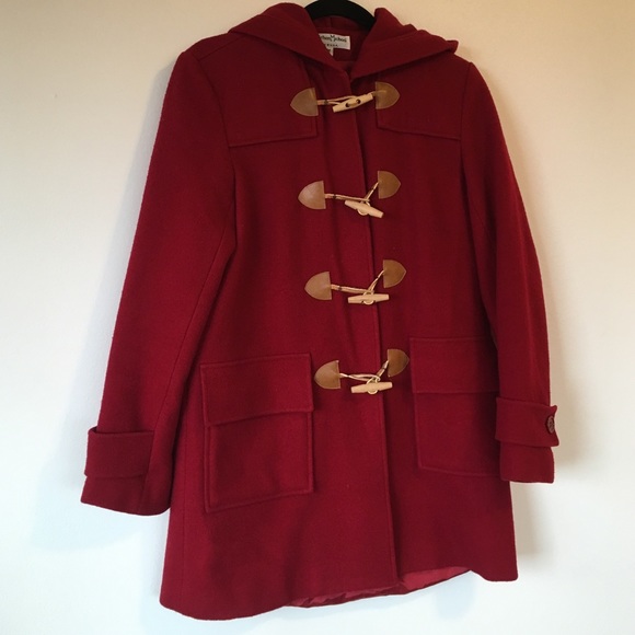 Red hooded wool toggle pea coat