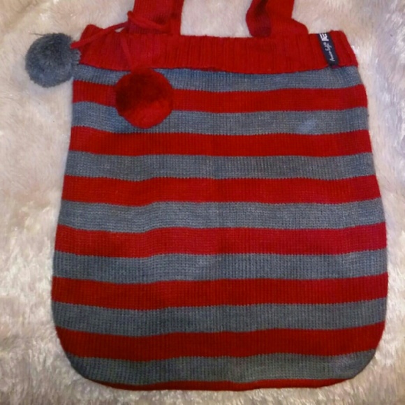 Grey and red stripe knitted bag with pom poms!