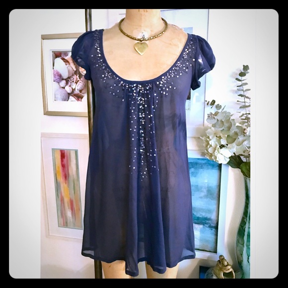 Babydoll sequin navy georgette semi sheer dress