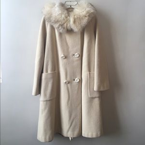 Vintage Fur Trim Wool Pea Coat Cream Sz M
