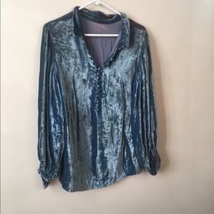Vintage Blue Velvet Long Sleeve Shirt Puff Sleeve