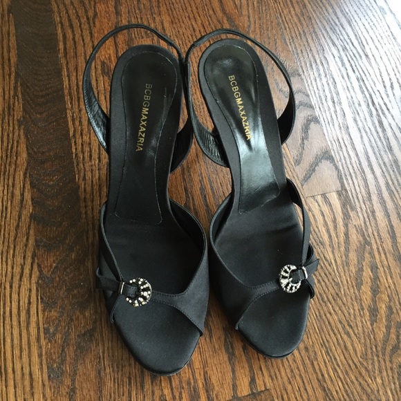 NIB BCBG Max Azria black satin evening heels,  7.