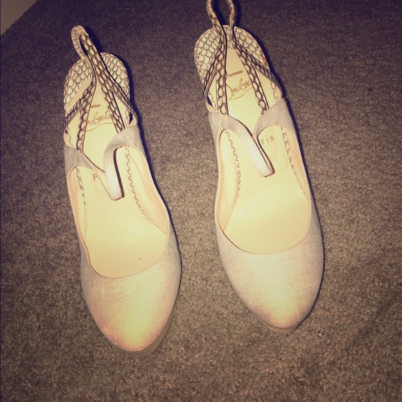 Louboutin fine bretelle canvas heels