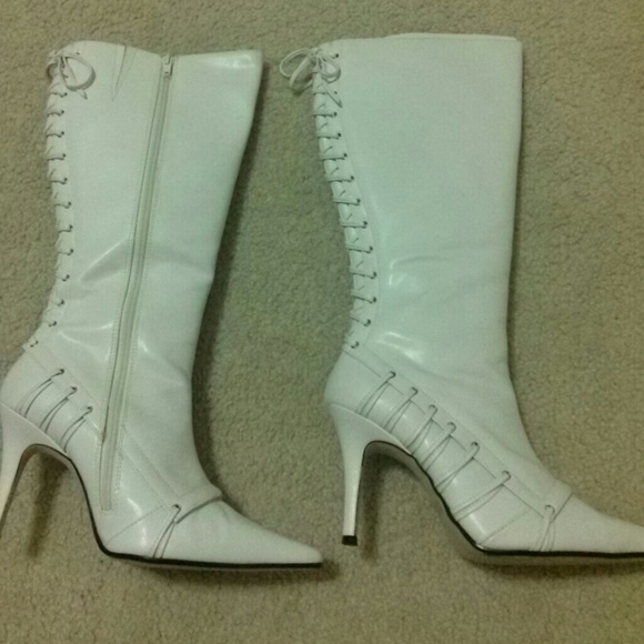 White faux lace up boots