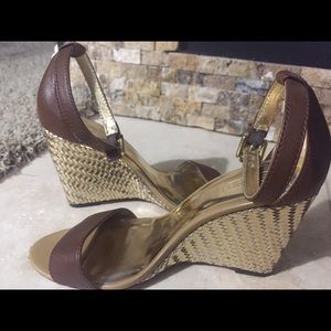 Authentic coach brown leather & gold woven wedges