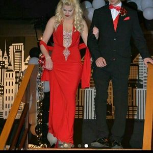 Red deep V prom formal dress