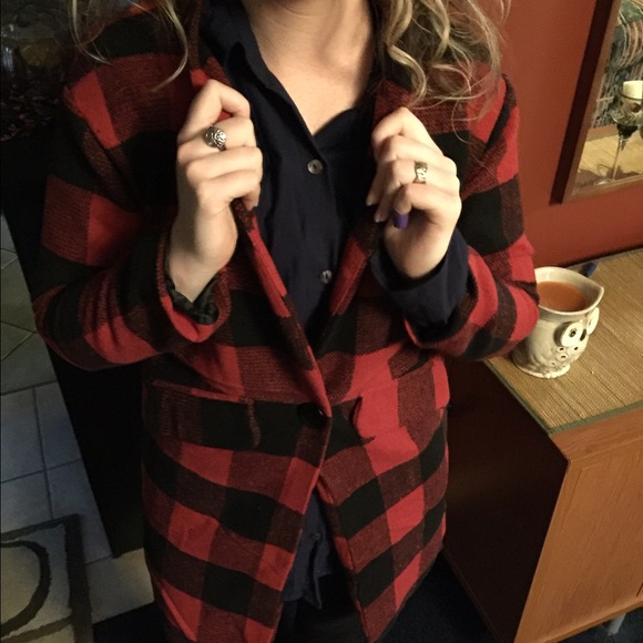 Red and black lined checkered coat