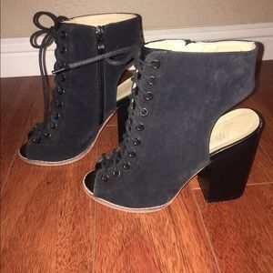 Navy lace up open toe booties