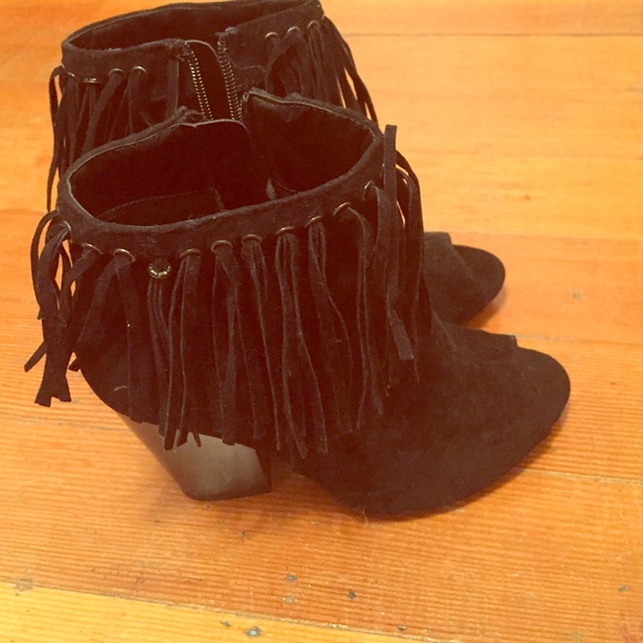 Black peep toe fringe booties