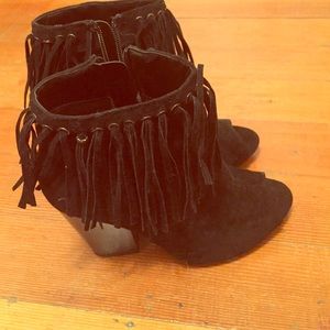 Black peep toe fringe booties