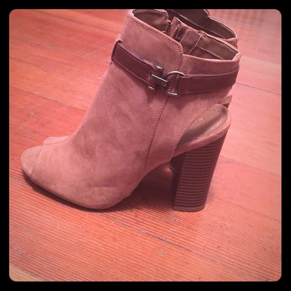 Camel peep toe sling back booties