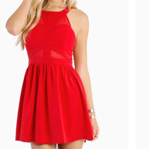 Tobi Red fit and flare dress with mesh cutout
